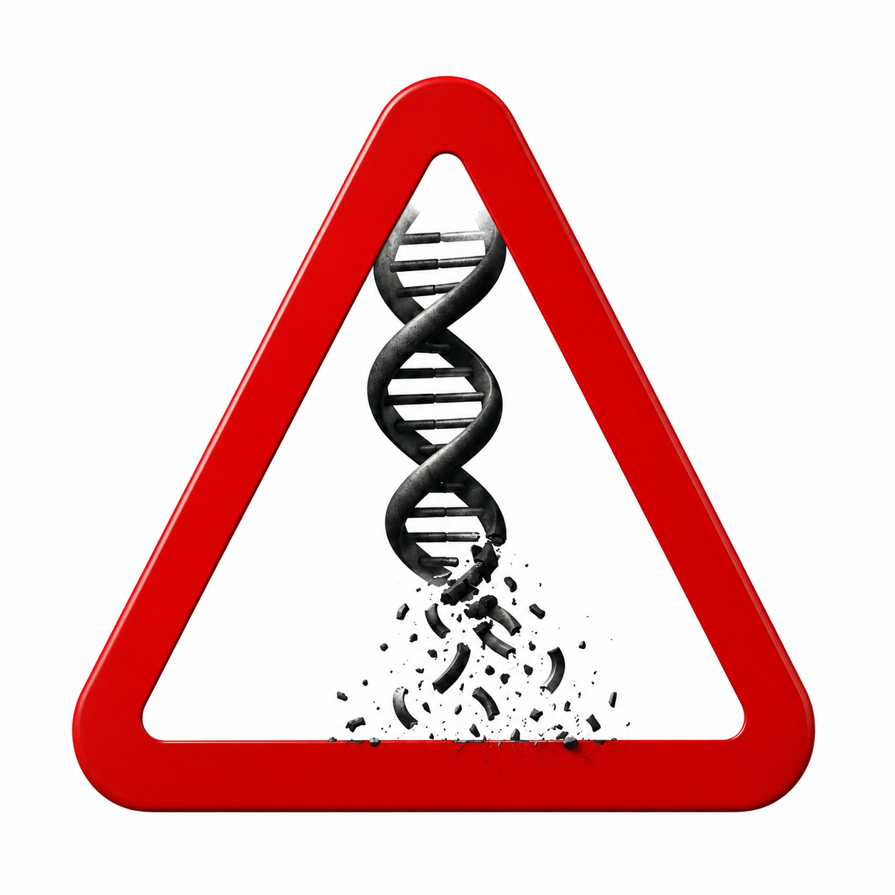 A red warning triangle containing a DNA double helix breaking apart at its base